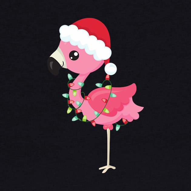 Christmas Flamingo, Santa Hat, Christmas Lights by Jelena Dunčević